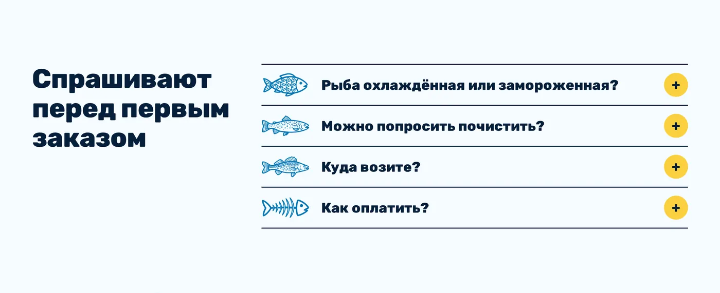Четыре вопроса перед первым заказом, у каждого линейная иконка рыбы и жёлтая кнопка «плюс»